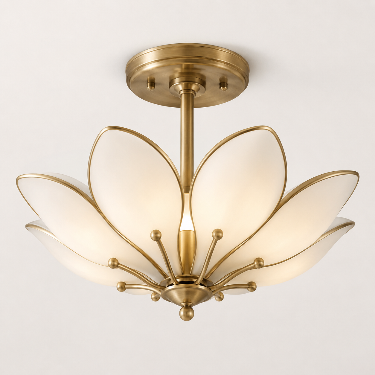 Lámpara de techo Viraean flor de latón y cristal blanco